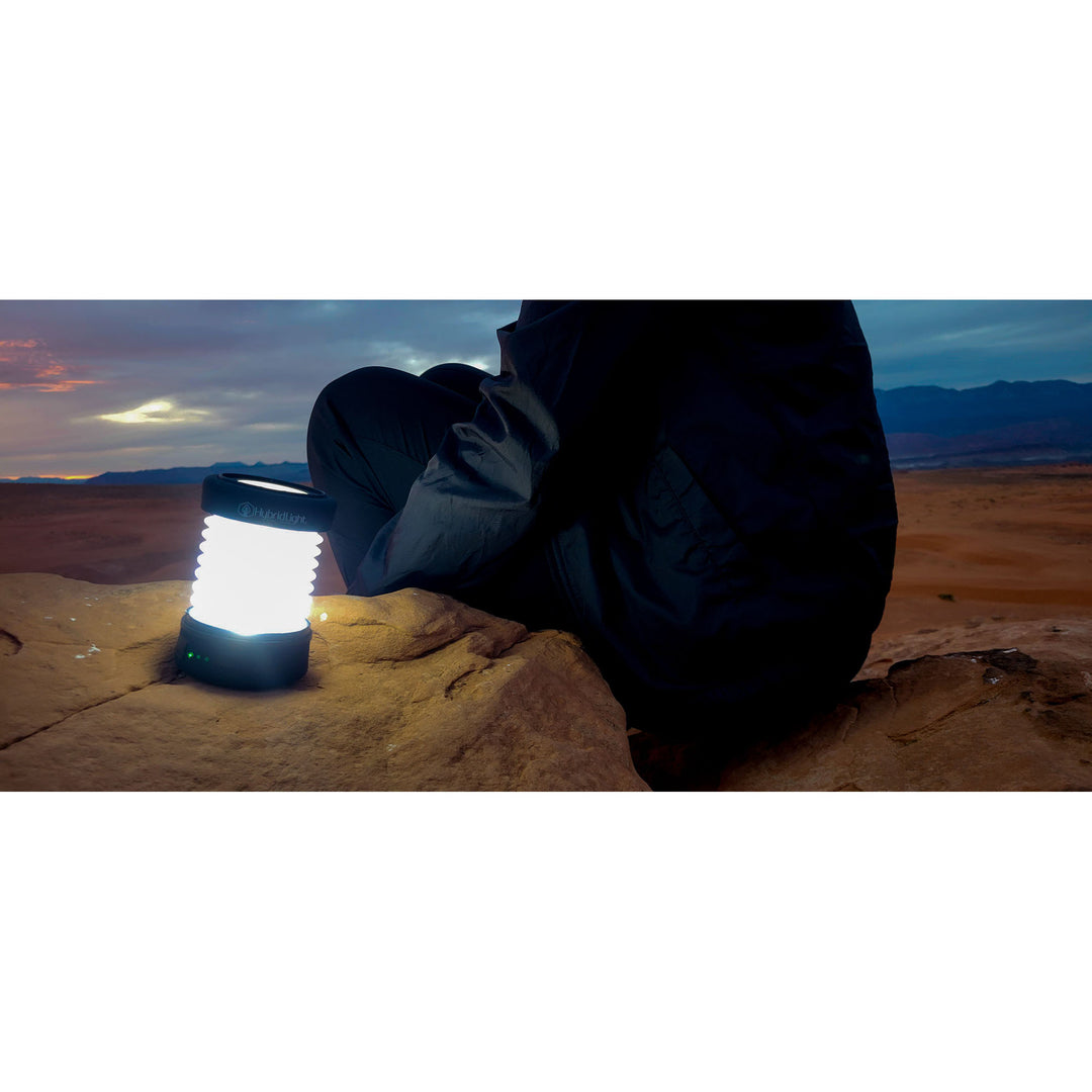 PUC 150 expandable lantern black on rock illuminated