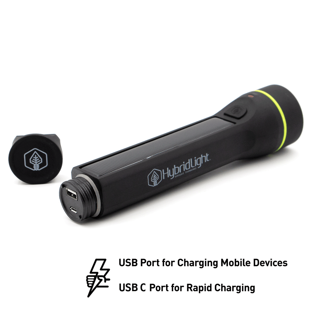 Journey 1000 Solar Flashlight Black charging ports