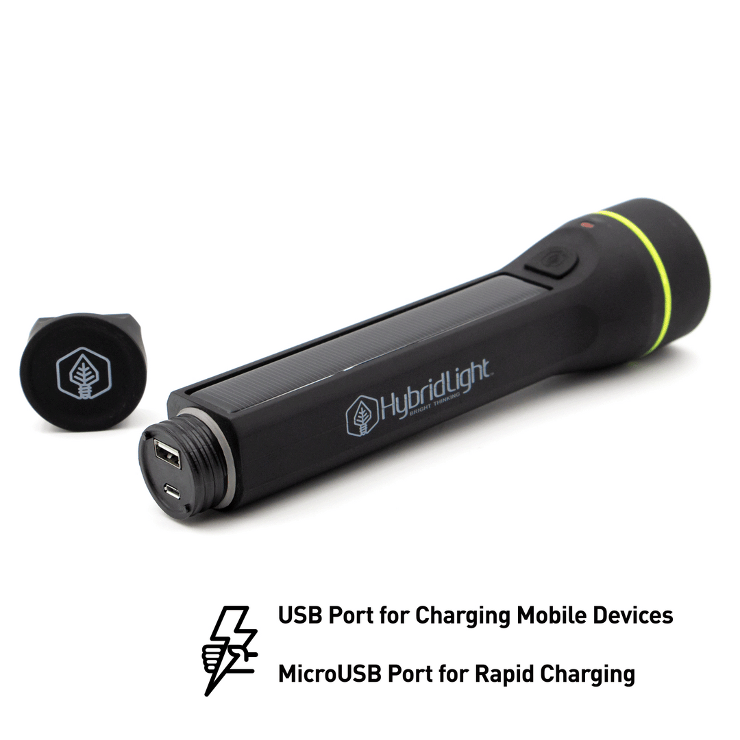 Journey 1000 Solar Flashlight Black charging ports