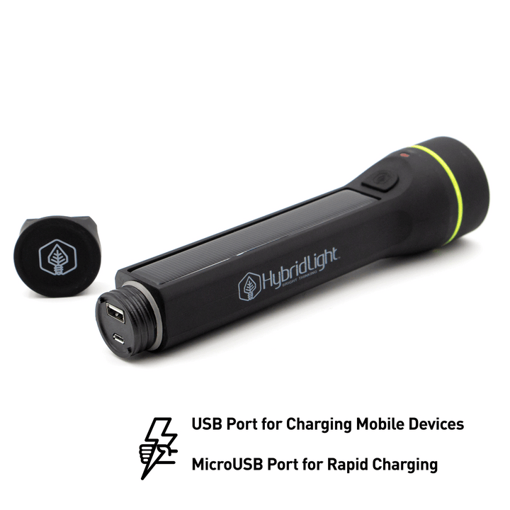 Journey 1000 Solar Flashlight Black charging ports