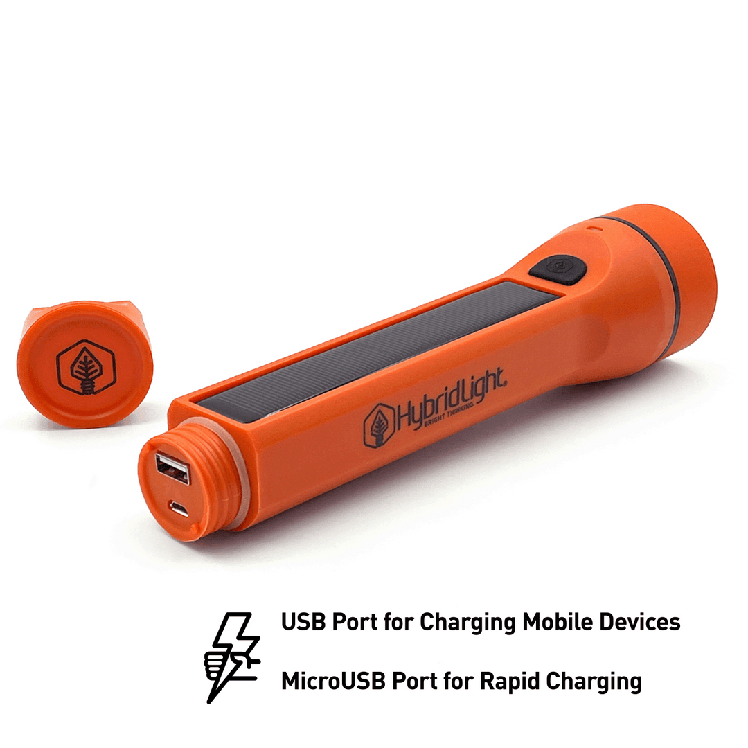 Journey 1000 Solar Flashlight Orange charging ports