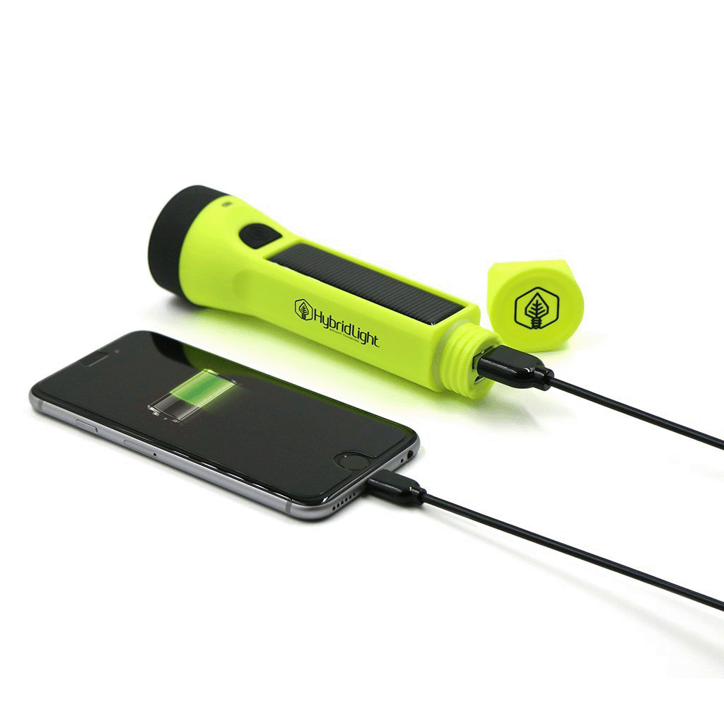 Journey 200 Solar Flashlight yellow charging a phone
