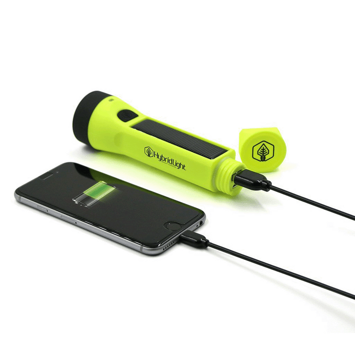 Journey 200 Solar Flashlight yellow charging a phone